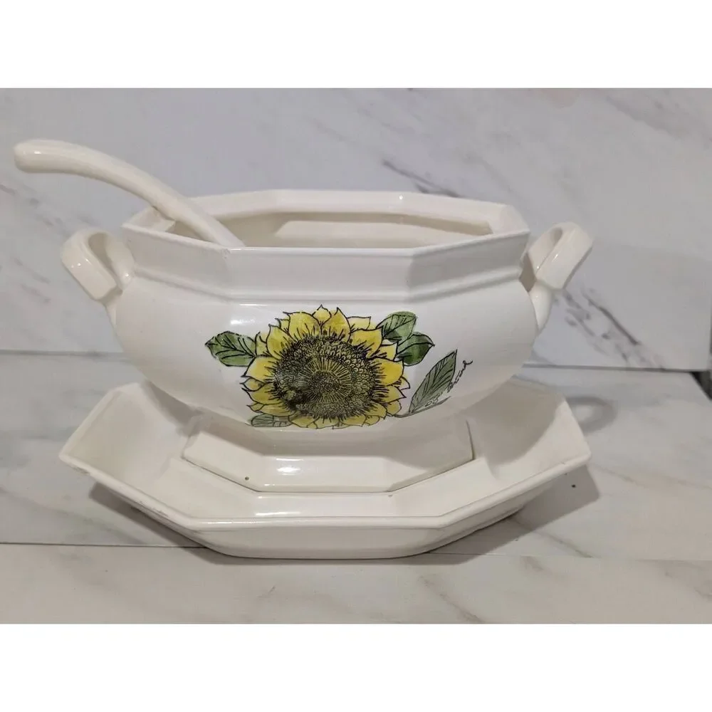 Georges Briard MCM Ceramic Tureen Lid Ladle & Platter Sunflower Pattern